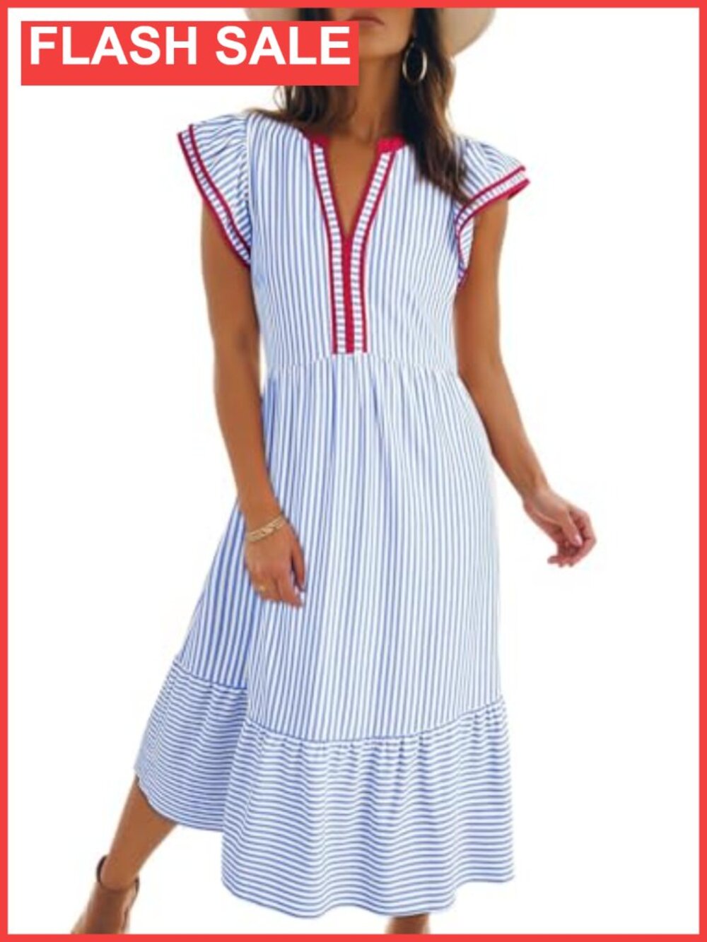 V-Neck Cap Sleeve Empire Waist Midi Dress with Pockets